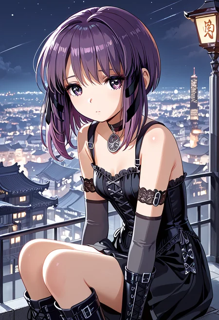 score_9,score_8_up,score_7_up,source_anime, high quality detailed, very aesthetic, 8K, 16K, high quality, best quality, detailed eyes, hand, beautiful hands, prefect hands, perfect anatomy, skin highlights, (1girl, looking away from viewer), Miho, sidelocks, purple hair, hair ribbons <lora:Miho_Tohya__Megatokyo:1>miho, choker, elbow gloves, fingerless gloves, gloves, greyscale, goth boots, sad expression, distant expression, sitting on light post, city, night, Japanese city