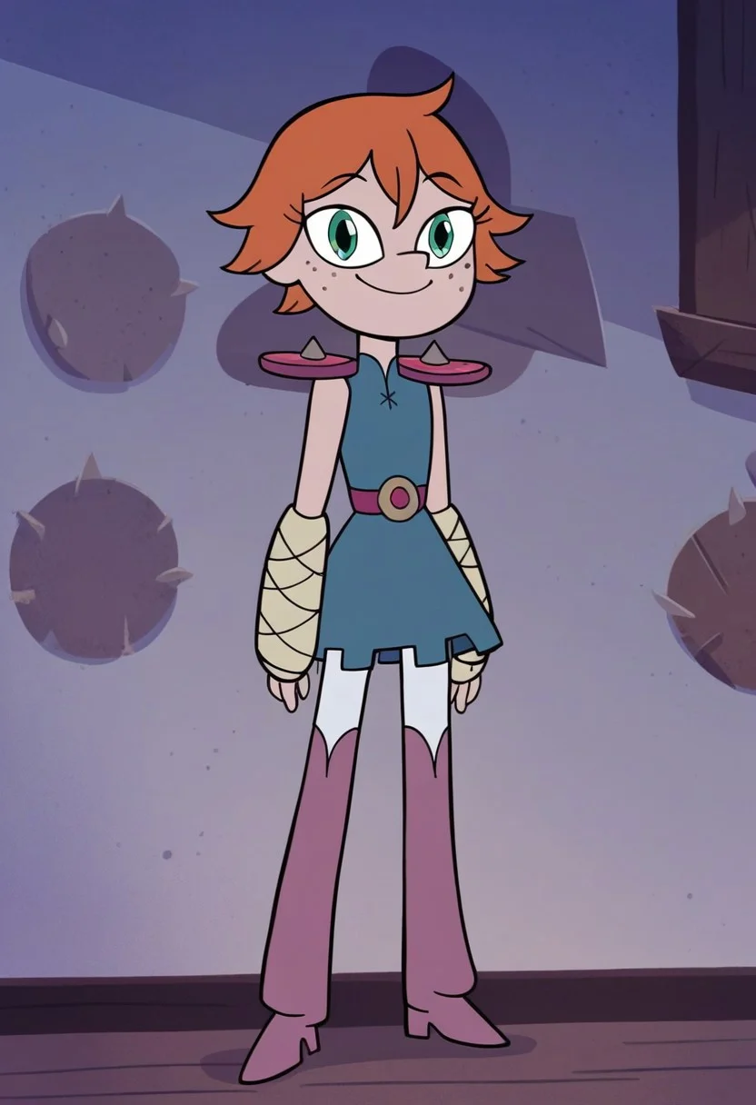 score_9, score_8_up, score_7_up, 1girl, solo, short female, h1ggs, orange hair, short hair, freckles, green eyes, blue dress, belt, shoulder pads, shoulder spikes, bandages, white pantyhose, thigh boots, looking at viewer, smile, standing, full body