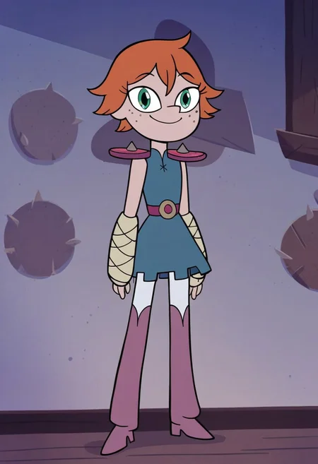score_9, score_8_up, score_7_up, 1girl, solo, short female, h1ggs, orange hair, short hair, freckles, green eyes, blue dress, belt, shoulder pads, shoulder spikes, bandages, white pantyhose, thigh boots, looking at viewer, smile, standing, full body