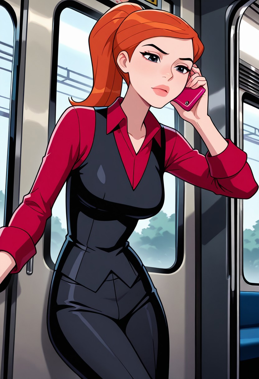 gwenuaf, 1girl, ponytail, solo, orange hair, lips, breasts, collared shirt, long sleeves, red shirt, red shirt collar, black vest, black pants,,  solo,, orange hair, lips, breasts, masterpiece, best quality, amazing quality, very aesthetic, absurdres, newest, battle background, 
on metro, train, metro train interior, looking at phone, pink phone,