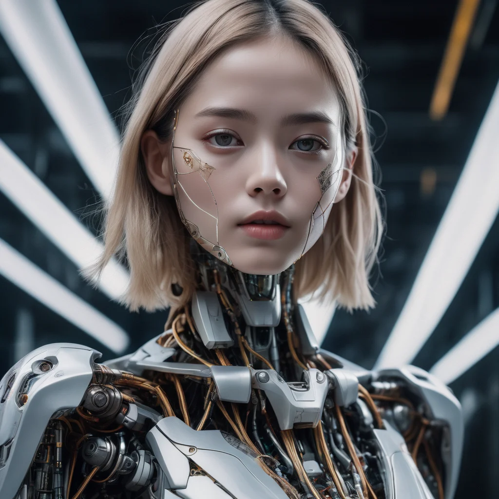 ji film, (best quality,masterpiece,highres,absurdres:1.3),
A close up of a girl's face half transformed into a robot, with half her skin metallic and wires under one eye,
beautiful and aesthetic, official art,cinematic lighting, detailed shadow, skin texture, detailed skin, super pale skin, film grain, fuji film