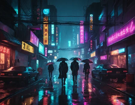 <lora:r0k00g00th:1>,r0k00g00th,r0kur3&l1tyHD. cyberpunk art,, a city street with neon signs and people walking on the sidewalk at night time in the rain [2]
