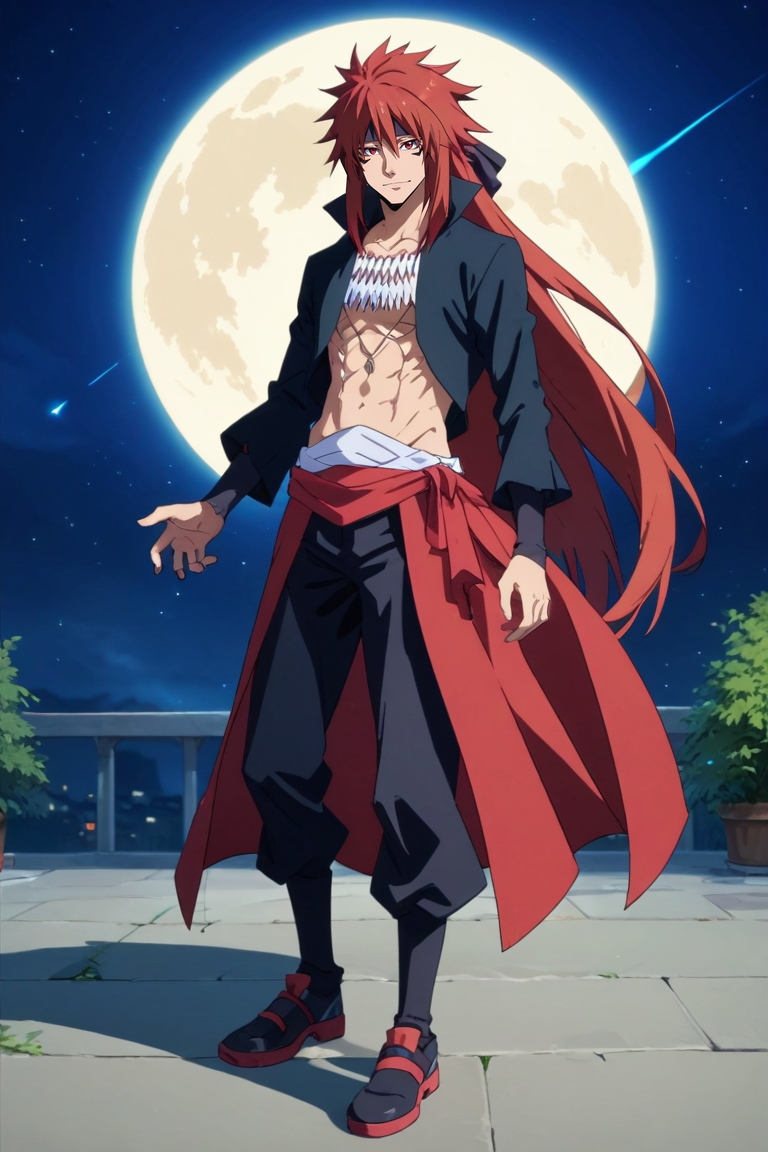 score_9, score_8_up, score_7_up, source_anime, rating_safe, , semi-realistic, looking at viewer, , 1boy, solo, male focus, <lora:guy_crimson_pony:0.86>, guy_crimson, red hair, red eyes, long hair, facial mark, full body, energy plant, night, full moon, claw pose, happy, , <lora:sdxl_lightning_8step_lora:1>