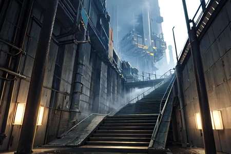 highly insanely detailed, masterpiece, top quality, best quality, highres, 4k, 8k, RAW photo, (very aesthetic, beautiful and aesthetic),  
tsutomu nihei,nihei_tsutomu,blame!,blame gakuen!,abara,TNstyle,sidonia_no_kishi,(city ruins,megastructure in background,stairs,giant room,sidonia \(ship\),tunnel,tower),dome,mist,steam,foggy,buildings,drainpipe,gauna,gauna mech,concrete walls,metal walls,clouds,star \(sky\),starry sky,air conditioner,bridge,dark sky,black sky,fence,walkway,tentacles,cables,tubes,industrial pipes,ventilation fan,ventilation shaft,lantern, 
<lora:blamev2:0>, 
(1girl:1.3), 
solo focus, 
classic beige background,âââ