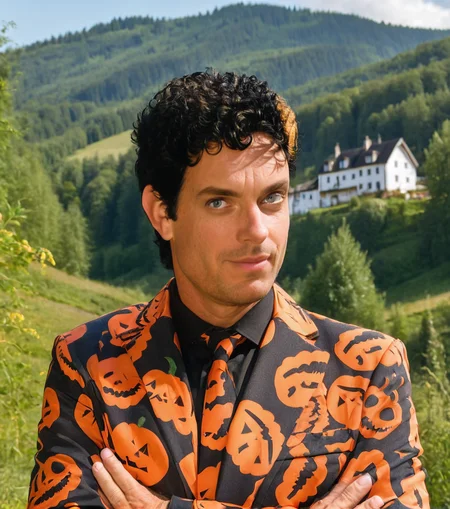 <lora:d5pumpk1n_04XL-000010:1.1>a professional photograph of (handsome d5pumpk1n man:1.2)with black hair,standing on an austrian hillside,with a forest village on the mountainside in the background,(upper body),(half shot),face focused,detailed eyes,(highly detailed),(HDR),(8k wallpaper),dim lighting,intricately detailed,low contrast,highres,absurdres,hyper realistic,taken with (Canon EOS 1Ds camera),extremely intricate,dramatic,(looking at viewer),4k textures,hyperdetailed