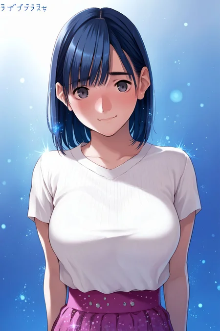 score_9, score_8_up, score_7_up, 1girl, embarrassed nose blush smile, dark_blue hair, full_bangs, grey eyes, large breasts, arms_behind_back, glitter particles <lora:mino_tarou_loveplus_PonyXL_style_v01:1>