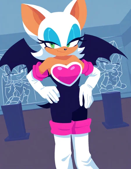 , <lora:rouge-the-bat-illustriousxl-lora-nochekaiser:1>, rouge, animal ears, bat ears, bat girl, bat tail, bat wings, eyeliner, furry, furry female, green eyes, makeup, tail, white hair, wings, eyeshadow,, bare shoulders, boots, elbow gloves, gloves, heart, knee boots, white footwear, white gloves,, museum, art exhibit, paintings, observing, quiet contemplation, cultural experience, , smug, hands on hips,, looking at viewer, solo,, dutch angle, cowboy shot