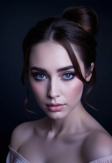 A beautiful young woman with fair, porcelain-like skin and brown hair styled in a soft, elegant low bun with a few loose strands framing her face. She has striking, large grey eyes with long eyelashes, subtle eyeshadow, defined brows, and softly blushed cheeks. Her lips are full with a natural pink gloss. She is wearing a light pastel off-shoulder top, revealing her shoulders and upper chest down to the cleavage. The image is composed from head to cleavage, with dramatic, soft lighting highlighting her features against a dark background. Moody atmosphere, high contrast, hyper-realistic, high detail, studio portrait, front-facing, centered composition