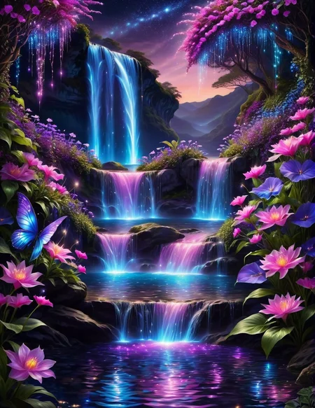 A shimmering purple|pink|blue waterfall amongst strange magical flowers, night time, sparkling fairy lights, magical, high quality <lora:FaeTastic2:0.5> a fairyland waterfall, realistic water, ripples, 8k