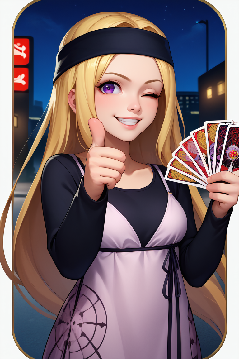 score_9, score_8_up, score_7_up, BREAK,  <lora:gangstersb-guy-PONYv1:1>, gangstersb, thumbs up, one eye closed, grin, smile, tarot \(card\), holding tarot \(card\), portrait, cropped torso, solo, looking at viewer,  <lora:zs_ChihayaXL:1> chihayap5, very long hair, blonde hair, headband, black shirt, long sleeves,  dress, 1girl, purple eyes, street, city, night, night sky, outdoors