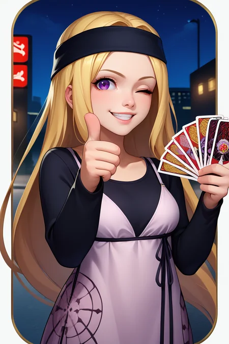 score_9, score_8_up, score_7_up, BREAK, <lora:gangstersb-guy-PONYv1:1>, gangstersb, thumbs up, one eye closed, grin, smile, tarot \(card\), holding tarot \(card\), portrait, cropped torso, solo, looking at viewer, <lora:zs_ChihayaXL:1> chihayap5, very long hair, blonde hair, headband, black shirt, long sleeves, dress, 1girl, purple eyes, street, city, night, night sky, outdoors