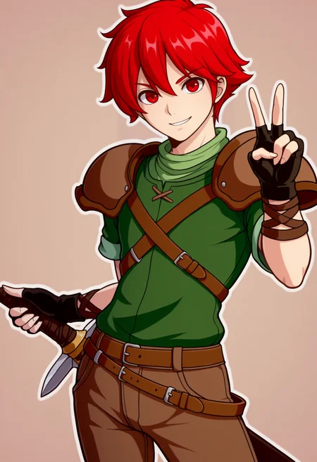 masterpiece, best quality, solo, 1boy, smile, looking at viewer,  <lora:Radd-illus_Fp:1>, radd, red hair, red eyes, short hair, green shirt, pants, fingerless gloves, holding sword, v, shoulder armor,