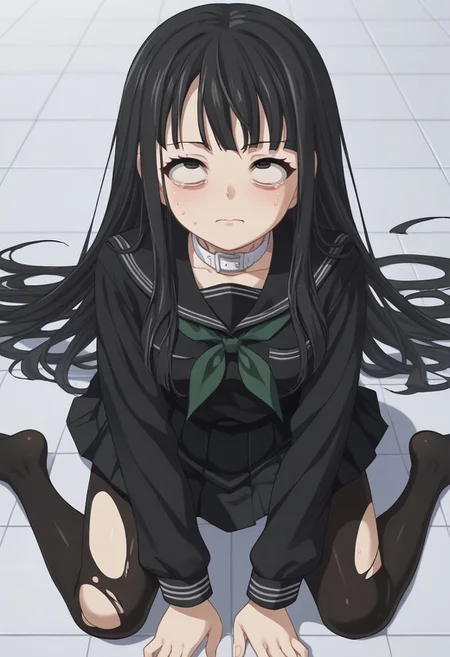 1girl, solo, byakuya rinne, black eyes, black serafuku, green neckerchief, black skirt, black pantyhose, nsfw, uncensored, torn pantyhose, rolling eyes, on floor, tile floor, white collar, source_anime, score_9