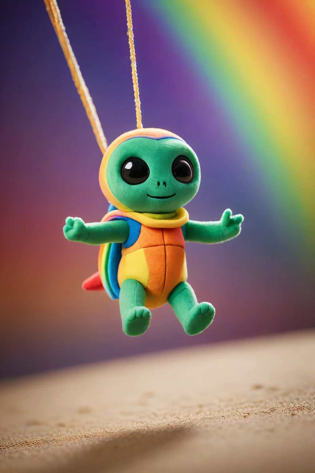 tilt-shift photo of  Amidst the vibrant expanse of the rainbow spectrum, an alien plush toy suspended in midair creates an eerie suspense. selective focus, miniature effect, blurred background, highly detailed, vibrant, perspective control