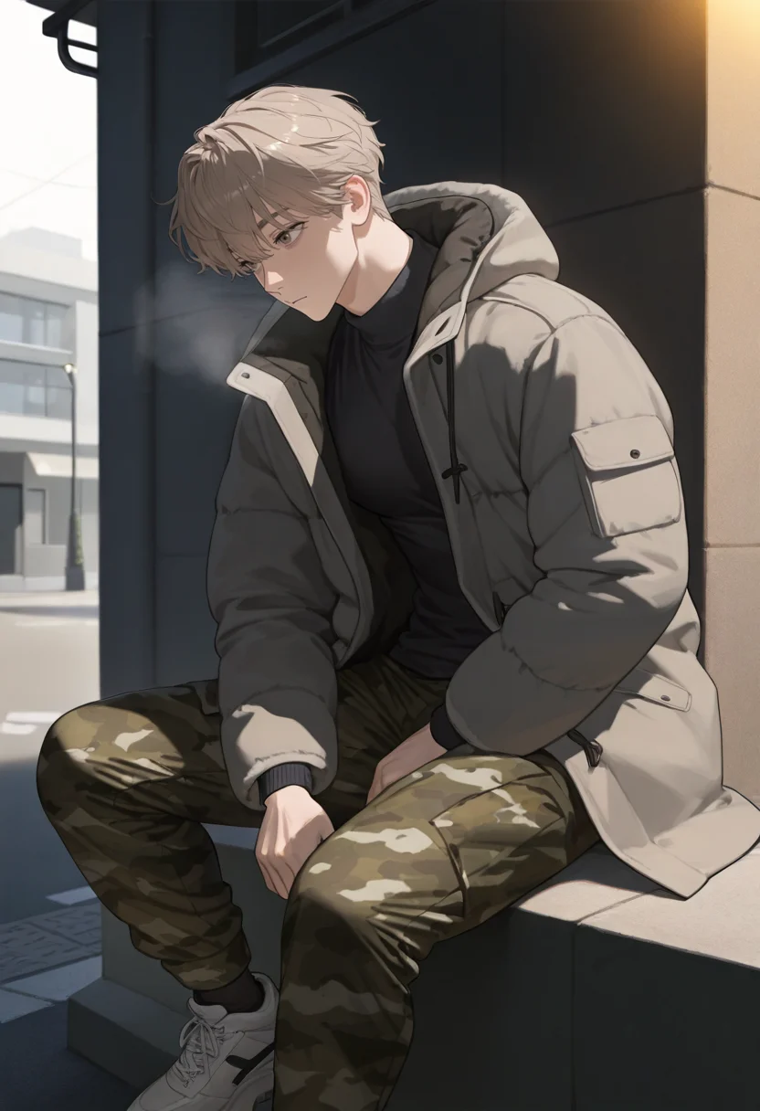 masterpiece,best quality,amazing quality,very aesthetic,absurdres,newest,Volumetric Lighting,available light,highres,realistic shadows,1boy,male focus,solo,light brown hair,curly hair,short hair,winter_coat,camouflage_pants,pectorals,sneakers,sitting,outdoors,day,street,<lora:handsome_guy_style_2:0.6>,<lora:trt_v0.3_noobai_cwhj:0.7>,