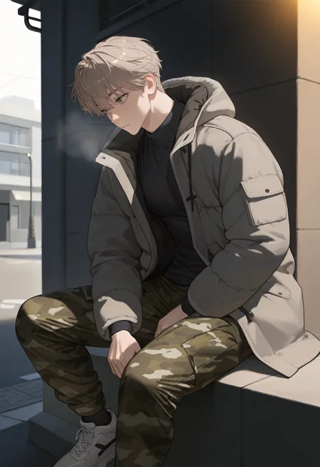 masterpiece,best quality,amazing quality,very aesthetic,absurdres,newest,Volumetric Lighting,available light,highres,realistic shadows,1boy,male focus,solo,light brown hair,curly hair,short hair,winter_coat,camouflage_pants,pectorals,sneakers,sitting,outdoors,day,street,<lora:handsome_guy_style_2:0.6>,<lora:trt_v0.3_noobai_cwhj:0.7>,