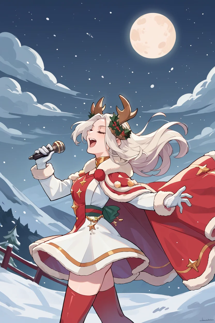 score_9, score_8_up, score_7_up, score_6_up, source_anime, BREAK 1girl, <lora:edelgard-pdxl-nvwls-v1:1> xmasEdel, antlers, fur-trimmed cape, gold choker, white dress, red tabard, white gloves, red thighhighs, singing, open mouth, closed eyes, moon, winter, snow, from side