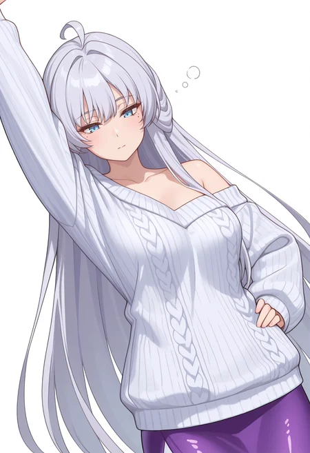 Smooth Quality,masterpiece,very intricate, high quality details, ultra realistic, high detailed skin,detailed enviorement,absurdres,
simple background, white background,
dynamic angle,stretching, one arm raised, other on hip, slight side bend, relaxed body, ,exhausted,
oversized sweater, ,long coat, ,mermaid skirt, ,
<lora:Crylet_Kureha_cnn:0.8>kurehacnn,1girl,bangs, blue eyes, ahoge, mole, bare shoulders, grey hair, very long hair,