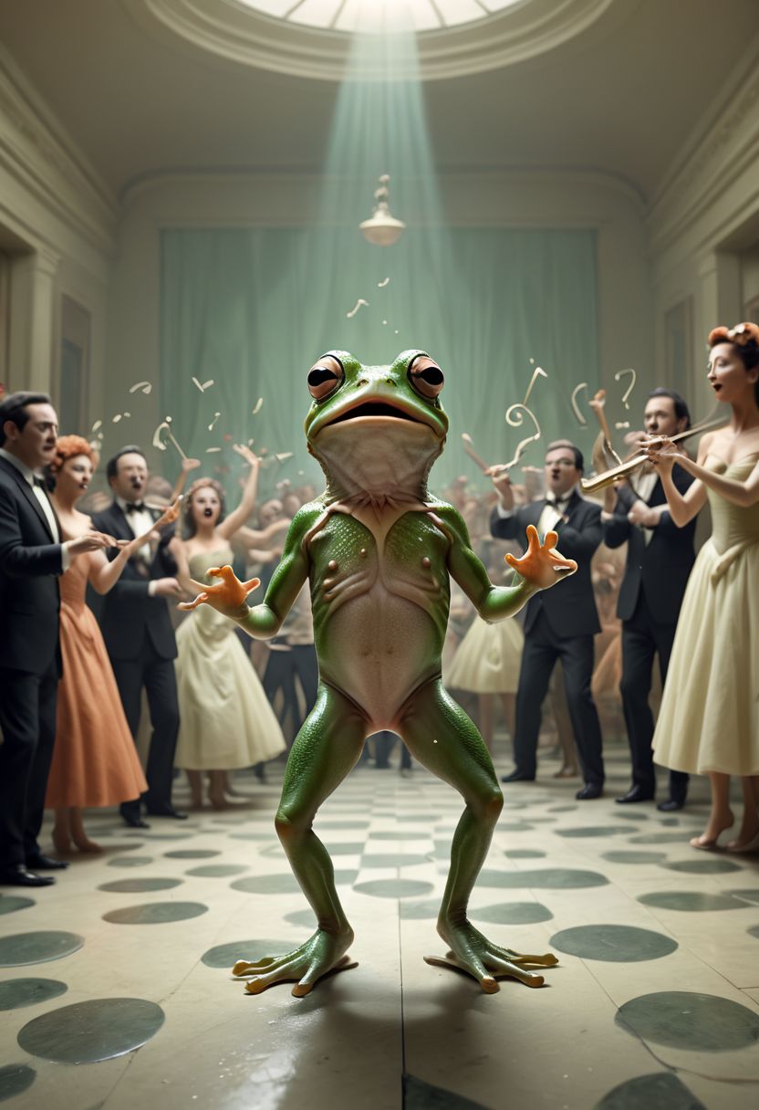 A surreal mind image of a frog dancing in a musical movie