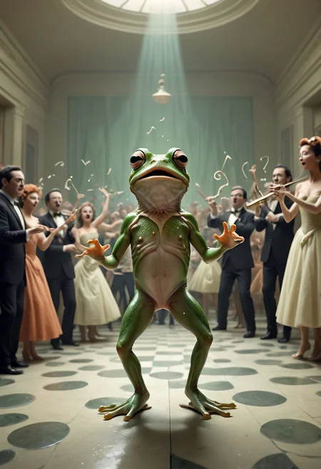 A surreal mind image of a frog dancing in a musical movie