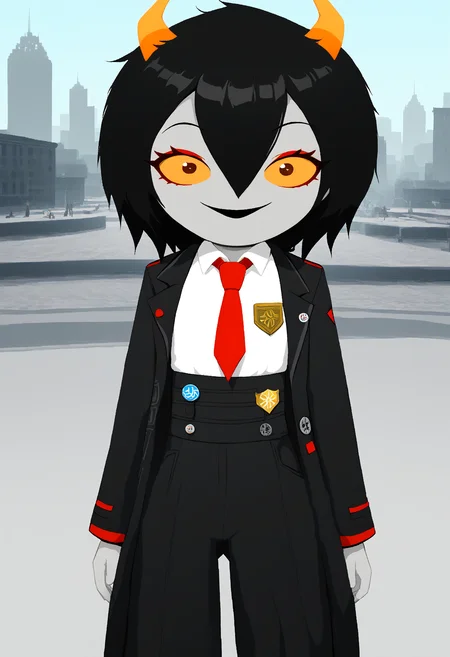score_9, score_8_up, score_7_up, HD, best quality, masterpiece, detailed, minimalist, mspaint, 1girl, Niikou, d0nquix0tedef, Black hair, short hair, hair between eyes, horns, colored skin, grey skin, colored sclera, orange sclera, black lipstick, red eyeshadow, black coat, open coat, badge, long sleeves, white shirt, collared shirt, red necktie, black pants, high-waist pants, standing, happy, smiling, city alleyway