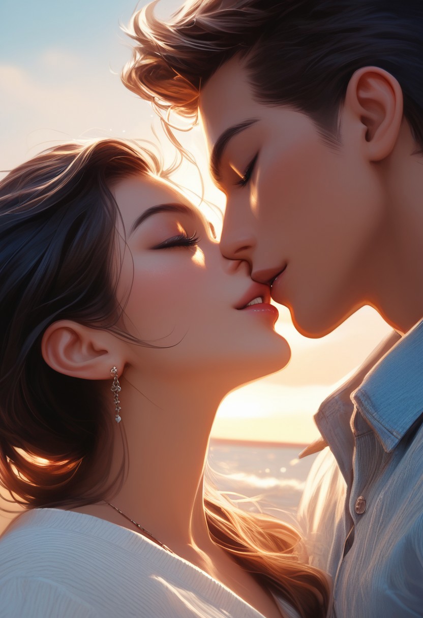 score_9, score_8_up, score_7_up, detailed, 25 yo couple having a romantic sunset at the beach