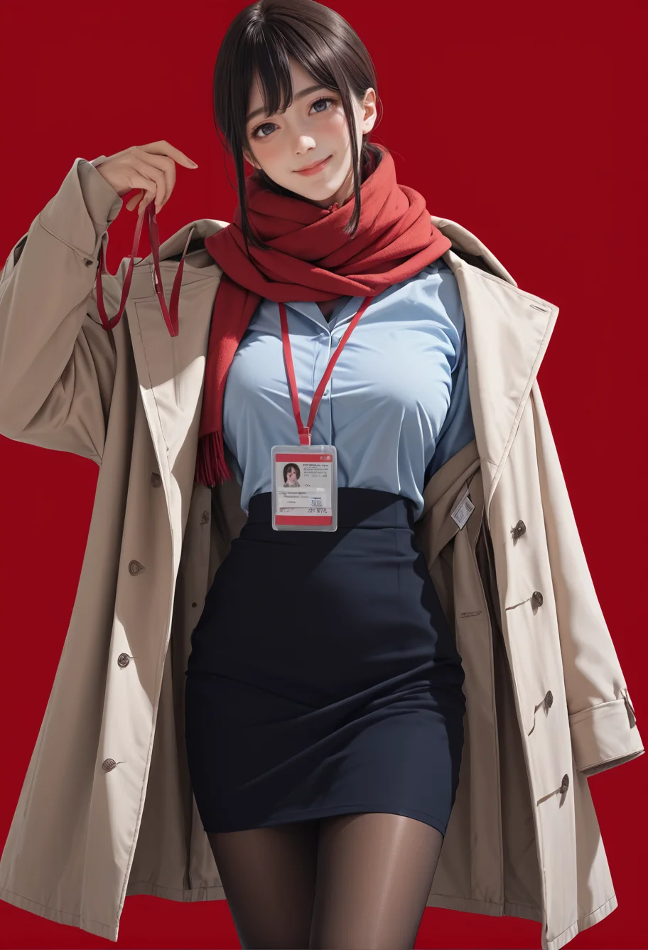 1girl,solo,red background,,ruanyi0904,black skirt,blue shirt,coat,red scarf,red lanyard,ID card,black pantyhose,jacket removed,<lora:0904 Douki Chan clothing_v1_pony:1>, score_9, score_8_up, score_7_up, score_6_up, score_9, score_8_up, score_7_up, score_6_up source_anime, blush, 1girl, seduce smile, perfect body , natural huge breasts