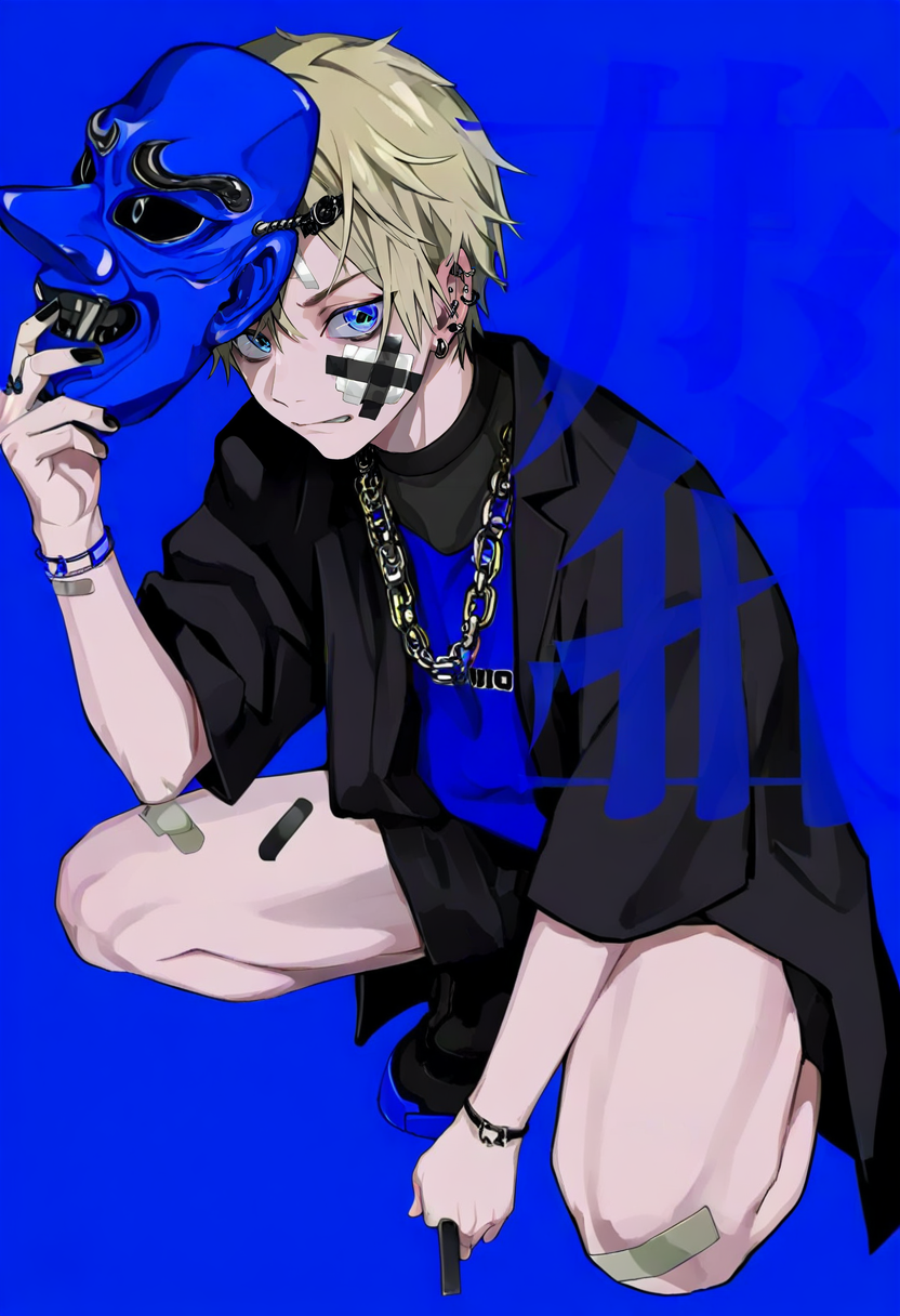 1boy, male focus, mask, solo, jewelry, blue eyes, blue background, looking at viewer, black nails, squatting, bandaid, piercing, holding, necklace, earrings, shorts, mask on head, simple background, bandaid on face, short hair, blonde hair, shirt, ear piercing, song name, bracelet <lora:LAMXL_NBVP1_lokr_V6311PZ:0.95>