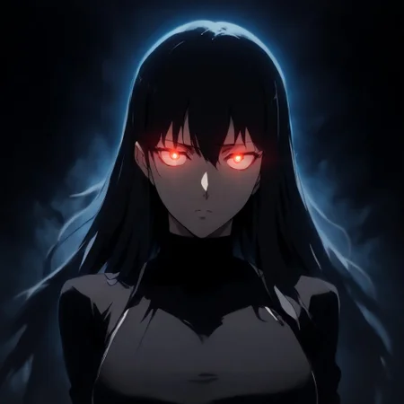 score_9, score_8_up, score_7_up, source_anime, expressive, anime, C0NTR4CT0R, speedlines, dynamic, 1girl, face_hidden, shadows, contrast, (long Hair:1.3), revealing clothing, body silhouette, shadows, large breasts, red_pupils, glowing, glowing eyes, BL4CK3STBL4CK, black_theme, matte_color, flat_color