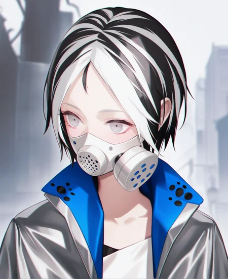 artist:gomzi,artist:wanke,artist:diyokama, rei_(sanbonzakura),[[artist:fuzichoco]],year 2023, 
solo, 
kuchinashi \(caligula\), grey eyes, two-tone hair, black hair, white hair, streaked hair, short hair, gas mask, white shirt, torn clothes, two-sided coat, grey coat, blue coat,
upper body, park