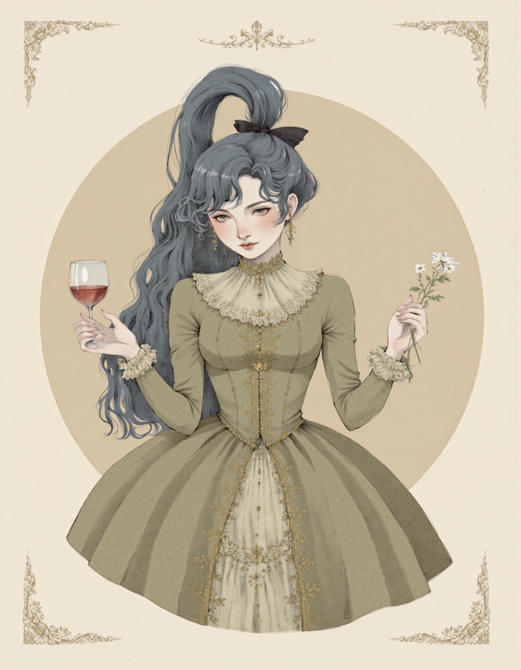 <lora:cioffi:1>, This is a digital illustration in a vintage, whimsical style. The subject is a young woman with long, flowing, dark blue hair tied into a high ponytail with a black bow. She has fair skin, large, expressive eyes, and a slight, mysterious smile. Her attire is an elaborate, Victorian-inspired dress in muted tones of green and gold. The dress features a high collar with intricate lace detailing, long sleeves with ruffled cuffs, and a full skirt with a pattern of small, diamond shapes. She holds a small, delicate glass with a red liquid, possibly wine, in her left hand, and a thin, green stem with a single white flower in her right hand. The background is a soft, beige circle, which emphasizes the woman and her accessories. Surrounding the image are intricate, floral and scrollwork borders in a lighter beige, adding to the vintage aesthetic. The overall composition is elegant and dreamy, with a touch of whimsy and mystery, blending elements of fantasy and historical fashion.