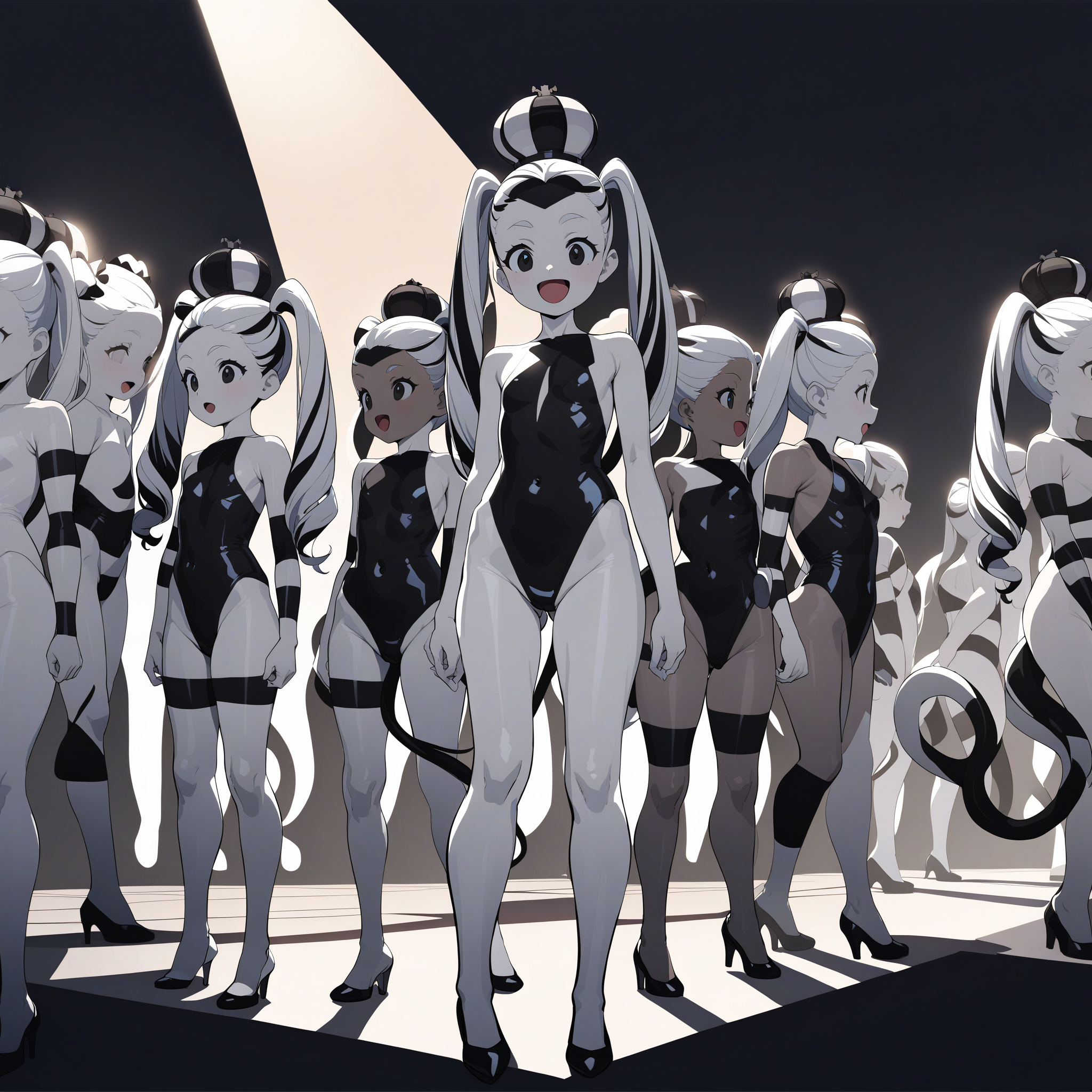 masterpiece, absurdres, high detail, 8k,
simple background, black background, spotlight, full body,
multiple girls, too many girls, standing, arms at side, smile, :d,
(chibi:1.2), nymph, twintails, bodypaint, striped, crown, black leotard, tail, heels
 <lora:XL_Animagine_MGCM-nymph-t1:0.9>