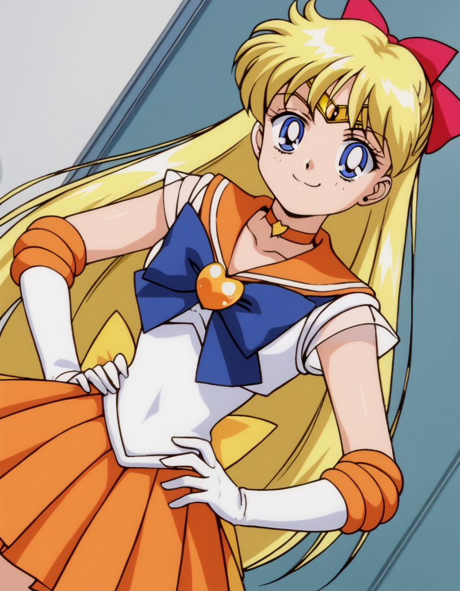 score_9, score_8_up, score_7_up, source_anime, <lora:minako-aino-supers-movie-ponyxl-lora-nochekaiser:1>, minako aino, blonde hair, blue eyes, bow, hair bow, half updo, long hair, red bow, tiara,, back bow, choker, elbow gloves, gloves, jewelry, magical girl, orange choker, orange sailor collar, orange skirt, sailor collar, sailor senshi uniform, school uniform, serafuku, skirt, white gloves,, indoors, smug, smile, looking at viewer, solo, hands on hips,, cowboy shot, dutch angle