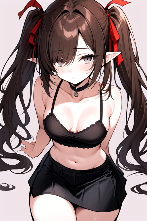 masterpiece, best quality,  <lora:Kra_SD:0.8> k'ra, grey eyes, brown hair, twintails, red ribbons, black camisole, short black skirt