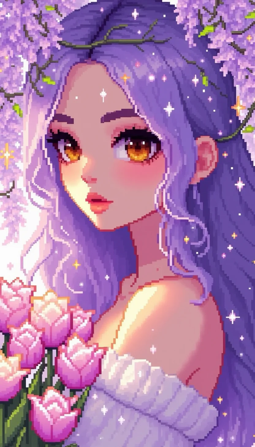 pinkpixelicious,
a serene woman with cascading lavender hair, her skin glowing with the soft shimmer of dew. She holds a bouquet of pastel-colored tulips, her face framed by vibrant wisteria vines.