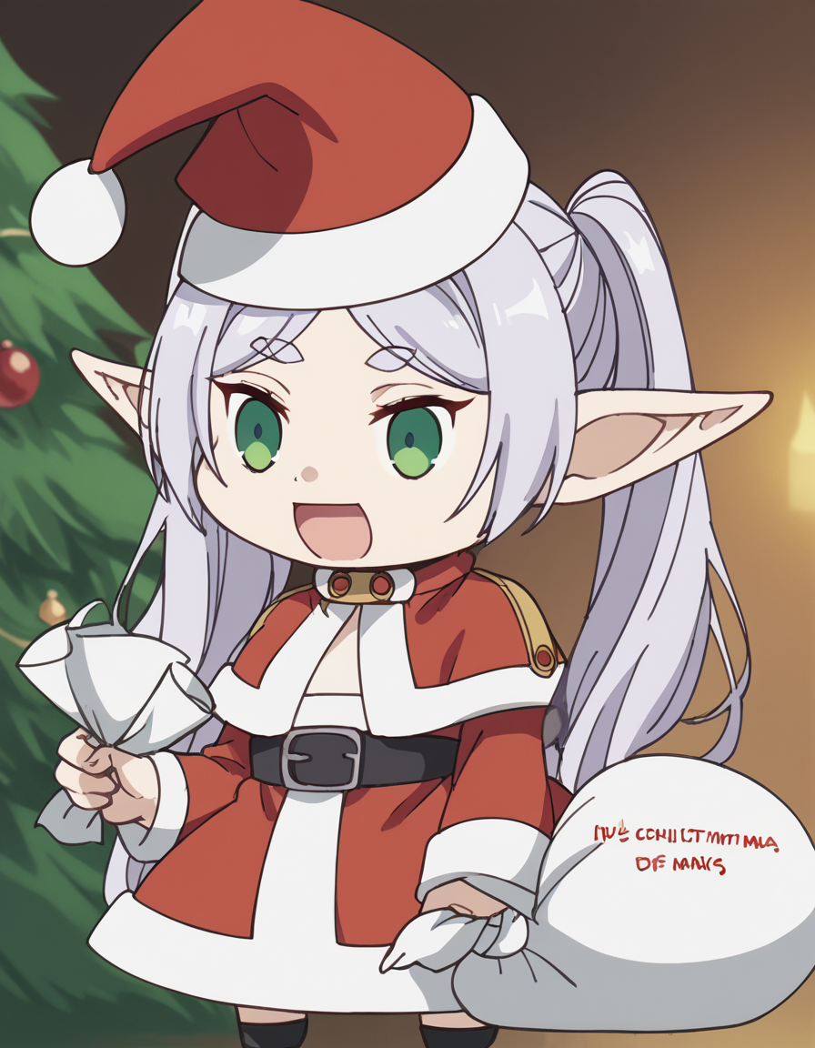 score_9, score_8_up, score_7_up, source_anime, <lora:frieren-s1-ponyxl-lora-nochekaiser:1>, frieren, long hair, twintails, green eyes, grey hair, pointy ears, elf, small breasts, anime screencap, <lora:padoru-ponyxl-lora-nochekaiser:1>, padoru, padoru (meme), holding sack, sack, santa hat, meme, christmas, open mouth, chibi, red capelet, santa dress, capelet, fur-trimmed headwear,, , dutch angle, cowboy shot