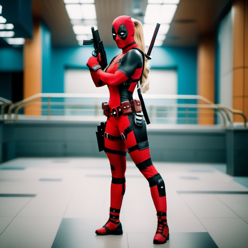 cinematic photo full body portrait lady deadpool, blond hair, ponytail, mask, body suit, aims guns <lora:LDP1024:0.8> . 35mm photograph, film, bokeh, professional, 4k, highly detailed