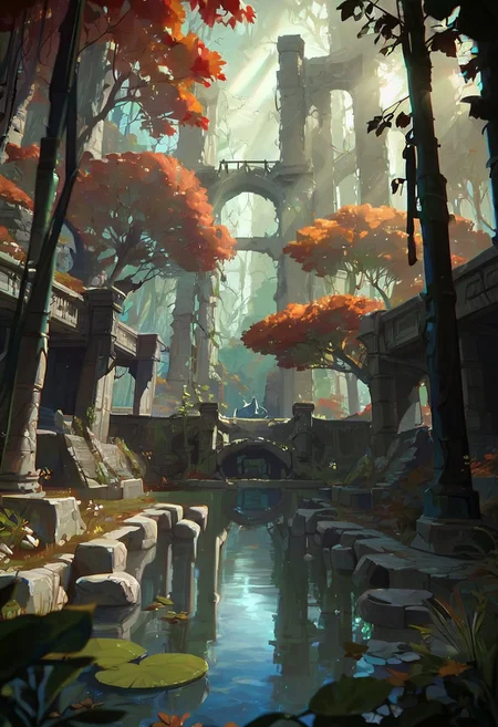 score_9, score_8_up, score_7_up, score_6_up, arkn, detailed drawing, forest, autumn, white stone ruins, flowers, beautiful blue pond, grass, early morning, sun rays, dynamic light,