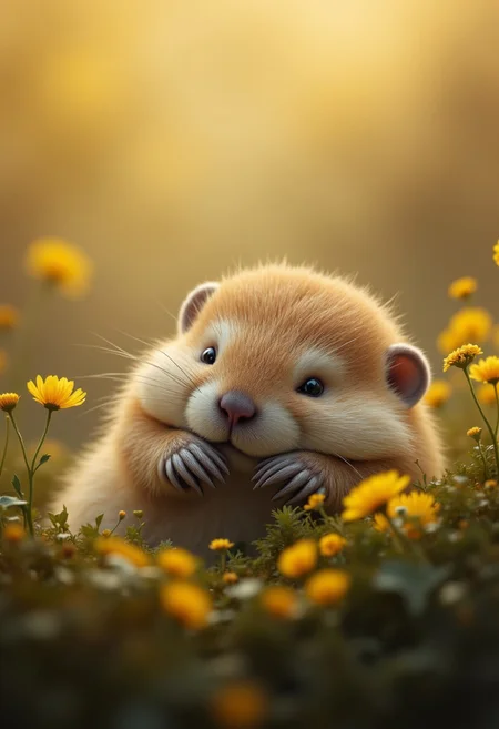 32k,8k,dynamic,(ultra high res:1.4),National Geographic photography, cinematic, depth of field, bokeh, best quality, animal photography,macro wildlife photography, photorealistic, view from above, dutch angle,wild flowers everywhere, in fantastic antique forest, very close up photography of a whimsical chubby marmot, soft fluffy dry fur,sleeping, upside down, paws up, belly up,lying back in grass and moss, exposing belly to sun's warmth,belly lit by godray, relaxed, having a nap. Tilted head. Bees and butterflies flying around, in a sunny summer afternoon.The atmosphere gives an impression of peace and serenity, light and dust particles floating in sunrays, Vibrant Glow, rule of third, gold number proportions