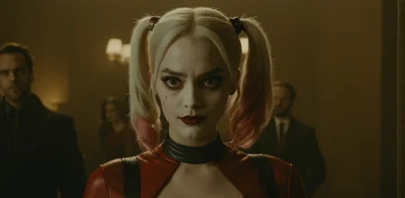 movie still, film still, cinematic, cinematic shot, a woman with red lipstick and a red dress is looking at the camera, harley quinn, kubrick stare, wearing red and yellow hero suit, 8k, angel, full color still, sebastian kruger, a24<lora:JuggerCineXL2:1.0>