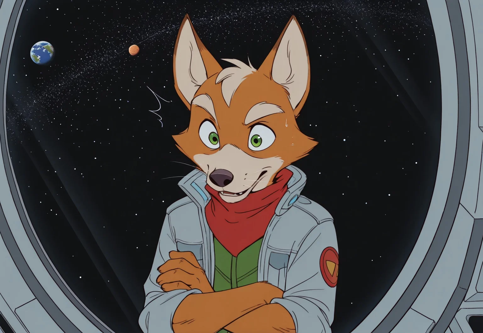 source_disney, DisneySilverAge, flat colors, source_furry, easynegative, no shading, pit, dark, clear sharp focus, solo, f0x, fox boy, green eyes, red scarf, grey jacket, green jumpsuit, standing, arms crossed, confused, surprised, mouth open (talk), BREAK, inside of a space ship control panels, large windows, planet in the distance, stars, looking outside, leaning on control panels, BREAK, Cinematic shot, screencap