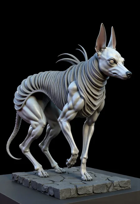 a quadruped flat body dog creature shaped by their flexible ribs which can deform and elongate as needed by inhaling air. They have four protrusions on their backs, but nobody knows what they're for. Their long fur is often used as a blanket.
Their primary diet consists of fruits. Presumably because of this, their meat is described as very delicious, which makes them suitable for a wide range of dishes. To protect themselves from predators, they bunch up together in their nests and inflate their bodies, forming a near unimpregnable wall.
They have a symbiotic relationship with the plants they live in: they eat the plants' fruits and spread the seeds in their feces.
Set against a solid dark black color background to emphasize its unnatural form that emphasizes its silhouette. The medium is not a traditional painting or illustrative medium like watercolor or ink but rather a digital 3D rendering.
ZBClay model of a gray sculpture, zbrush, d4arks0uls, MikeFranchinastyle, bbstyle,, horror theme,, overcast lighting