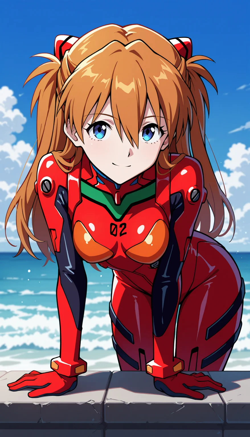 souryuu asuka langley, 1girl, solo, long hair, breasts, looking at viewer, smile, blue eyes, brown hair, hair between eyes, closed mouth, medium breasts, orange hair, two side up, bodysuit, leaning forward, arm support, red bodysuit,
rating safe, alice99narumi,
masterpiece, best quality, amazing quality, highres, newest, <lora:alice99narumi_v2:1.0>