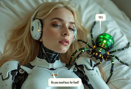 portrait shot, a beautiful cyborg woman with long blonde silky hair in a white robotic outfit lies on her bed with an ornately decorated and colourful ((neon green spider)), she has a text bubble with the text "Do you need buzz for food?", the spider has a text bubble with the text "YES"