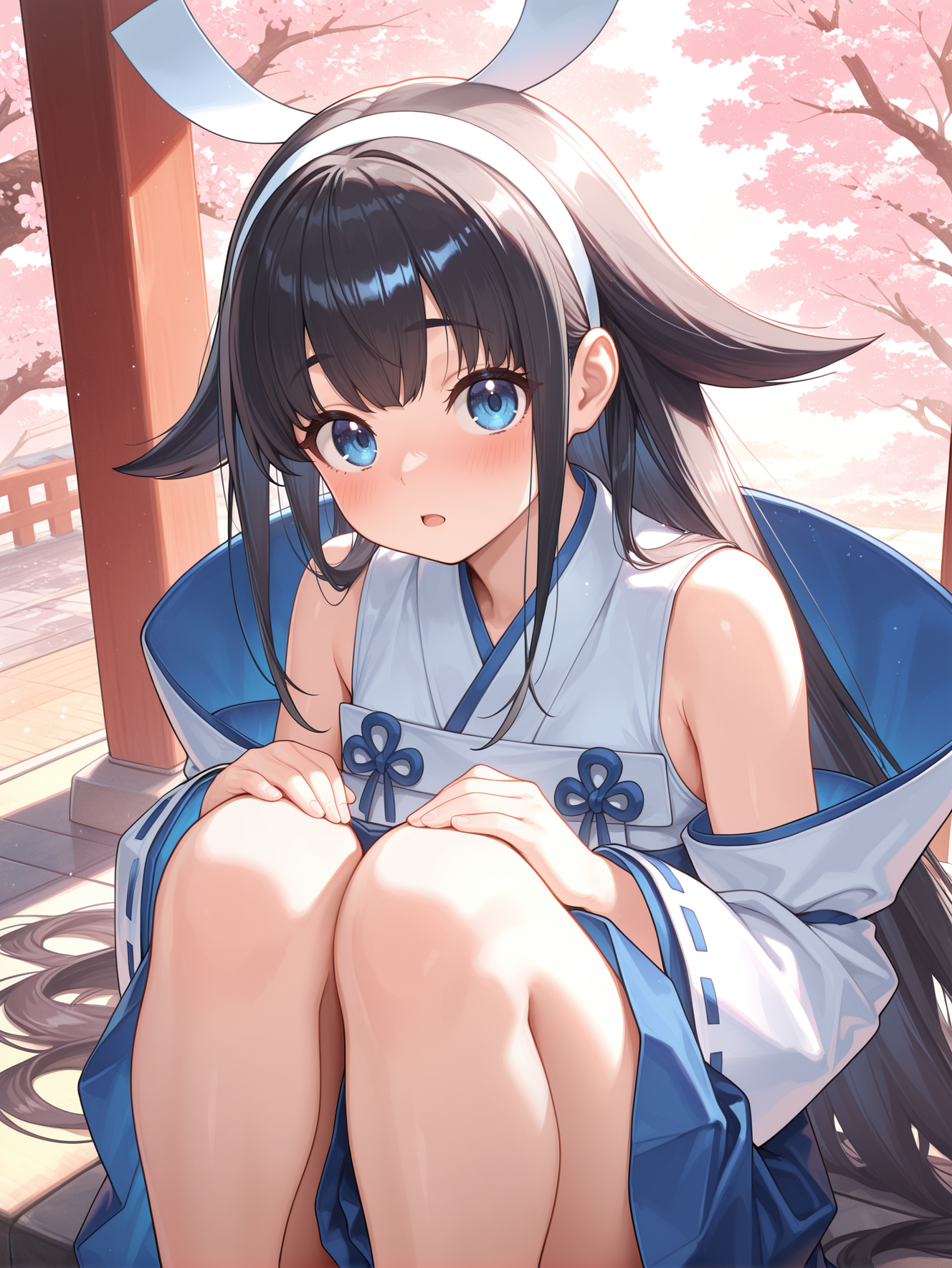 shinonome the vaylantz priestess,1girl,solo,blush,looking at viewer,open mouth,sidelocks,closed mouth,white hairband,white ribbon-trimmed sleeves,white sleeveless kimono,blue hakama skirt,white breast curtain,knees to chest,knees under clothes,from above,cherry blossoms,bare legs,
masterpiece,best quality,amazing quality,very aesthetic,absurdres,newest,scenery,extreme detail,8k,light particles,soft lighting,volumetric lighting,intricate details,finely detailed,detailed eyes,<lora:Shinonome the Vaylantz Priestess illusXL v1.1:0.75>,