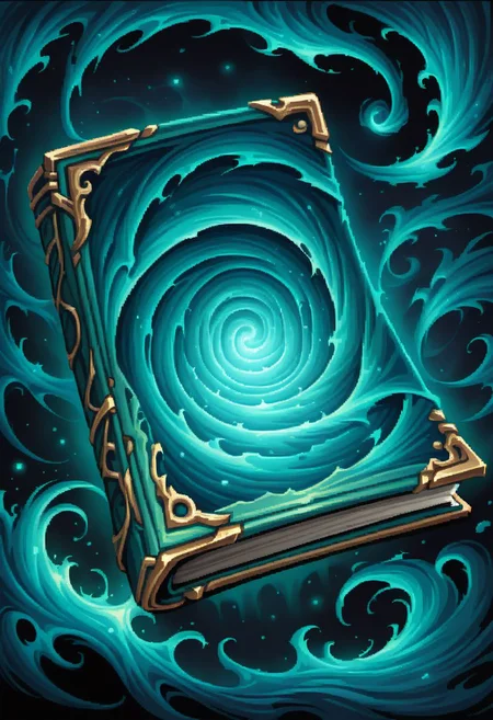 ((masterpiece, best quality)), high resolution, highly detailed, 32k picture,
zzmagicbook, 
teal book, glowing, swirl symbol, swirling magic