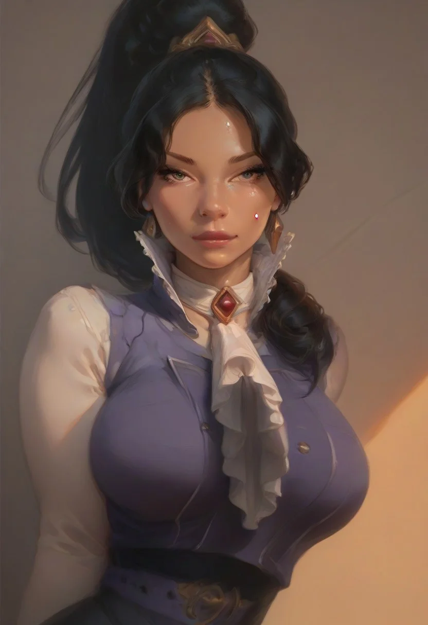 (score_9, score_8_up, score_7_up), score_6_up, best quality, masterpiece, extreme detail, perfect lighting, 4k, 2d, rating_explicit, nsfw, very detailed, best quality, highly detailed texture, depth of field, masterpiece, BREAK, 1girl, ChelXLP, chel, majestic,beautiful bright pupils, black hair, ((ponytail)),green earrings, cute face, (gorgeous face:1.3), (skin detail:1.3), (shadows:1.3), (sweat, steamy, oily, shiny:1.3), ((( black hair, large breasts,perfect body, thick thighs,
high collar, purple vest, white shirt, ascot, long sleeves, black skirt, black pantyhose,dark skin,
fantasy, solo focus,epic, concept art, realistic, highly detailed, upper body, looking at viewer ))), looking at the viewer, detailed, intricate details, realistic,((( top view))), tan skin,cowboy shot,csr style,g4n1m3,Sculpted grace