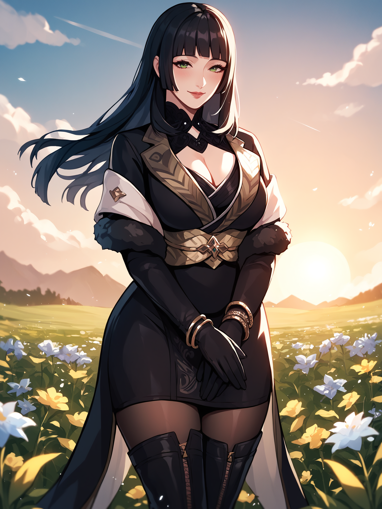 score_9, score_8_up, score_7_up, score_6_up, source_anime,
Gentiana, a girl is standing, cowboy shot, own hands together, 5 fingers,
1girl, mature female, solo,
looking at viewer, blush, light smile,
lips, green eyes, black hair, long hair, hime cut,
cleavage cutout, black dress, golden sash, fur trim, black gloves, pantyhose, thigh boots, bracelet,
curvy, large breasts, thick thighs,
outdoors, flower field, sunrise, sunlight,
<lora:Gentiana3216PDXL:1>