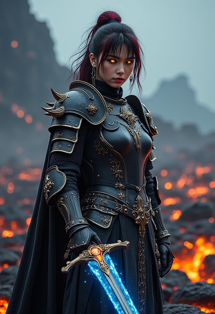 best quality, masterpiece, HDR photorealistic image, extremely detailed, great lighting, BREAK, Female oriental knight in full armor, hkstyle, jet black with gold and white embellishments, greaves, armored boots, spiky shoulder armor, bangs, two-tone hair, black with red streaks, glowing eyes, spiked helmet, earrings, holding a legendary sword with blue fire with both hands by the hilt, on a volcanic plain with pools of lava, fog in the air from the heat of the lava, dark clouds, shafts of light, High Definition HD, High Detail, Perfect Composition, dark fantasy movie, cowboy shot from the front