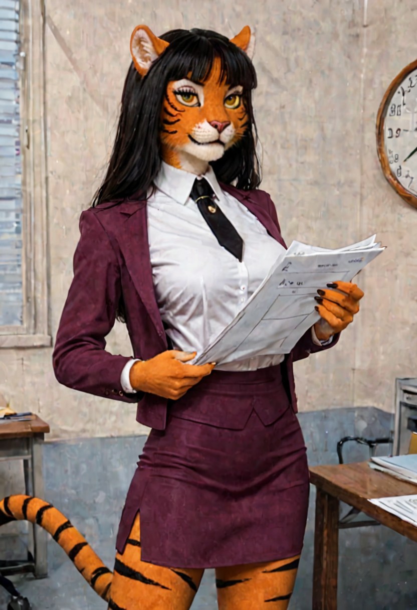 score_9, score_8_up, score_7_up, solo, 1girl, orange fur, black stripes, yellow sclera, harmond, tiger, cat girl, anthro, furry, black hair, bangs, long hair, purple blouse, black tie, white shirt collar, medium breasts, long eyelashes, office background, meeting room, standing, holding papers, business presentation, pencil skirt, navigational charts on wall, graphs,